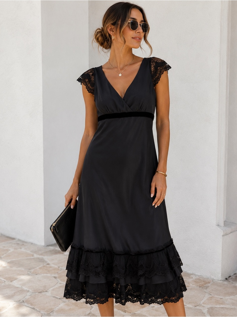 LOFT Black Silk Lace Midi Dress Size 4 Velvet Trim Romantic